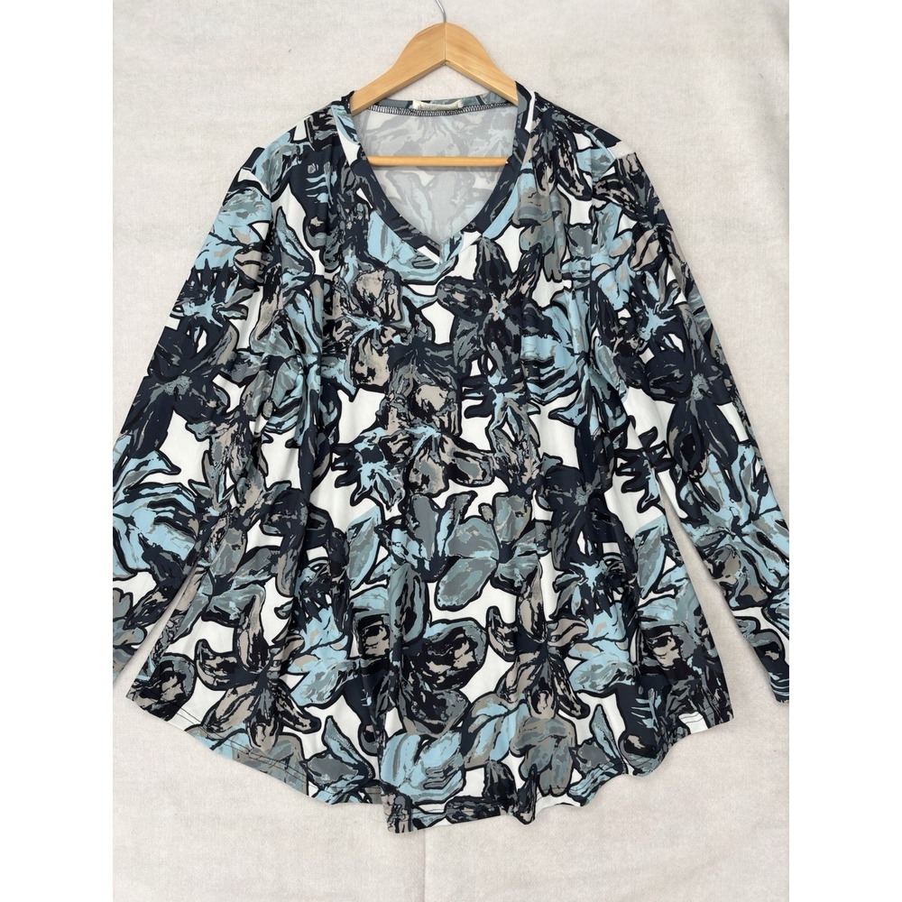 BaishengGT Women's Plus Size 2XL Blue Floral Long Sleeve Tunic Shirt Swing Top